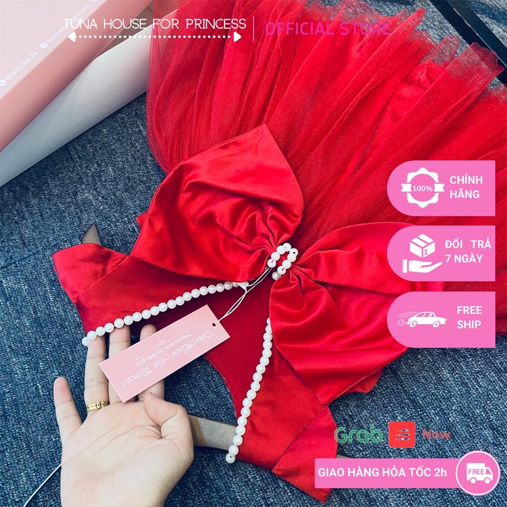 Váy đầm xoè công chúa thiết kế cho bé gái trơn đỏ viền kết hạt - Tuna House For Princess