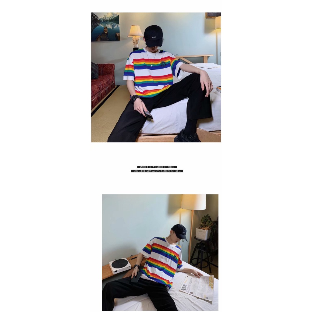 Áo thun tay ngắn dáng rộng họa tiết sọc màu cầu vồng phong cách thời trang Hàn Quốc 2019 dành cho nam