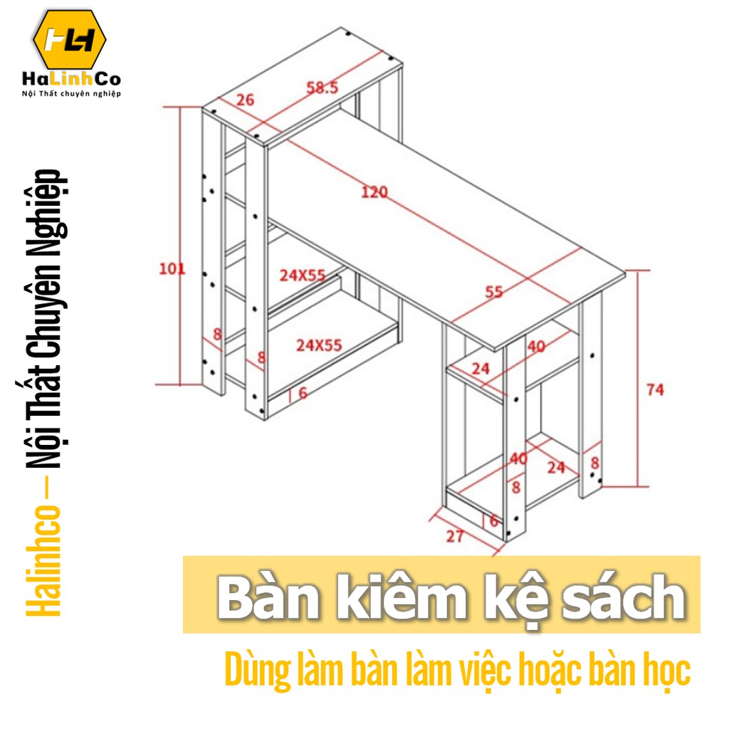 Halinhco- Bàn làm việc kèm kệ sách & Bàn học kèm kệ sách thông minh dạng lắp ghép tiện lợi (Bảo hành 12 tháng)