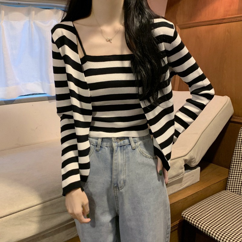 Set 2 món ZHELIHANGFEI áo hai dây + áo khoác cardigan họa tiết kẻ sọc thời trang