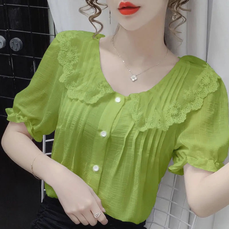 Áo kiểu dáng rộng tay ngắn phối ren thời trang kiểu Pháp phong cách ngọt ngào cho nữ