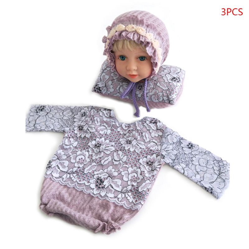 Mary☆3Pcs/set Newborn Month Photography Suits Baby Photo Props Infants Lace Cap Pillow Clothes Set