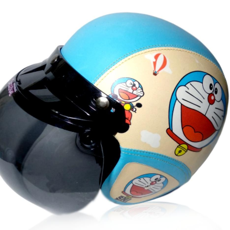 Mũ Bảo Hiểm Bằng Da Tổng Hợp Màu Xanh Dương In Hình Doraemon Phong Cách Cổ Điển