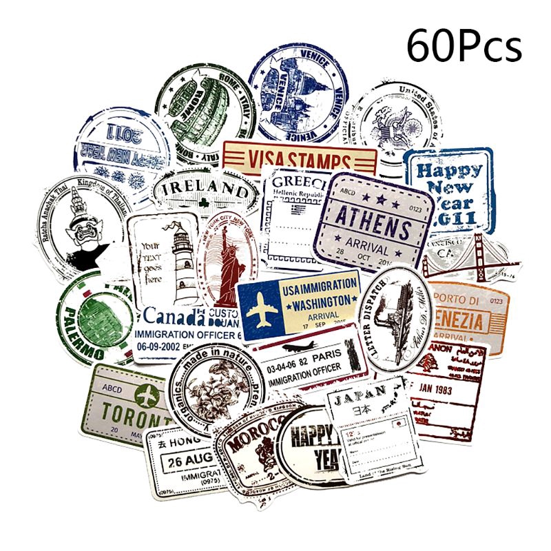 Set 60 Sticker giấy họa tiết chiếc tem phong cách vintage trang trí sổ tay/ốp điện thoại