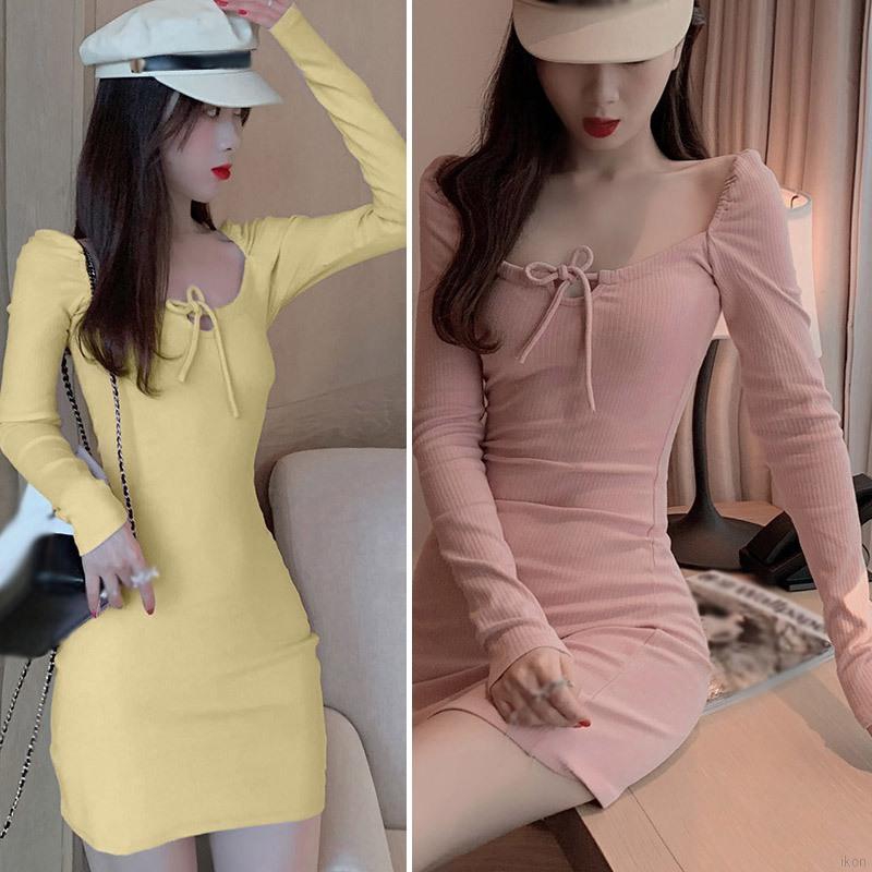 Đầm Tay Dài Cổ Vuông Màu Trơn Thiết Kế Ôm Sát Quyến Rũ đầm hoa váy hoa nhí