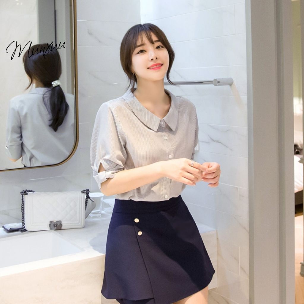 Áo sơ mi kiểu nữ MUNXUU thiết kế tay ngắn cổ tròn bánh bèo thời trang công sở - BS11 kẻ xám