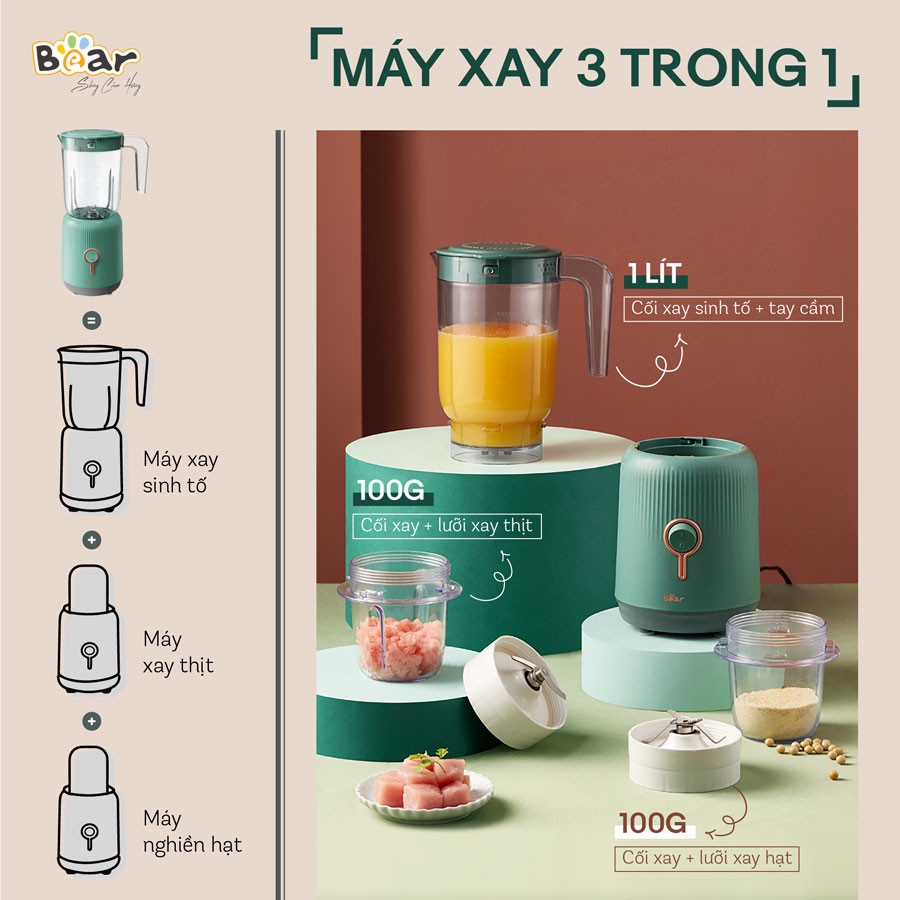 Máy xay sinh tố 3 cối 3 in 1 đa năng Bear LLJ-C10P1 (BL-B10V2), xay thịt, thực phẩm đa năng , bảo hành chín hãng 12 thán