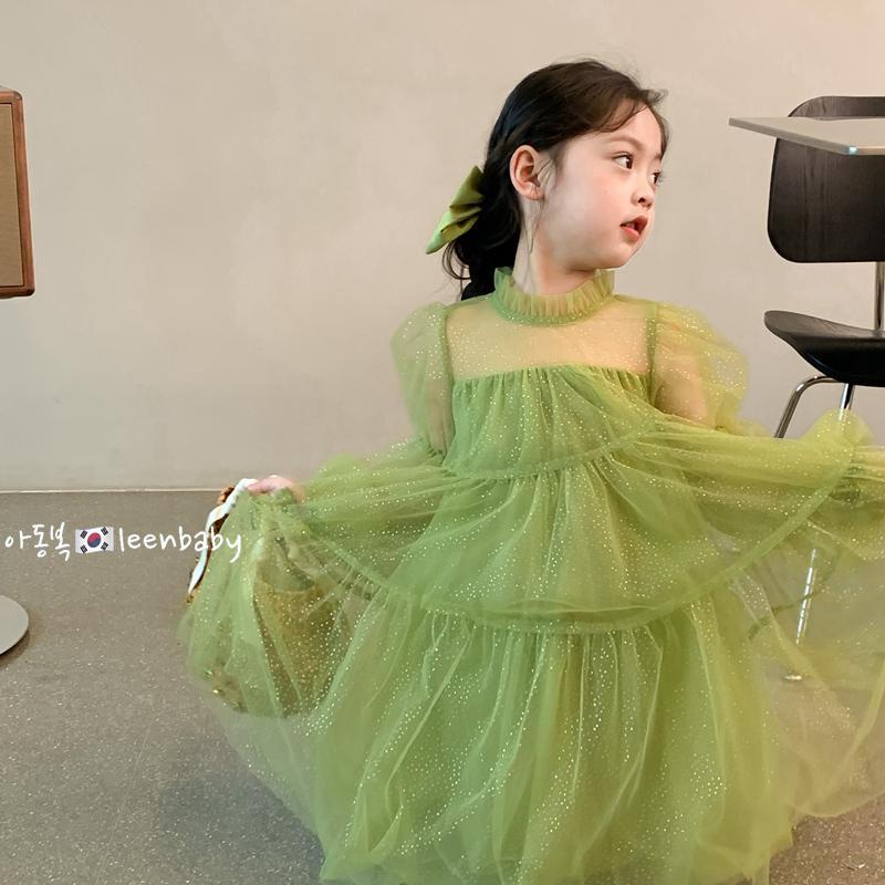 Đầm Công Chúa Tay Phồng Phối Ren Lưới Màu Xanh Lá Phong Cách Hàn Quốc Thời Trang Xuân Thu Cho Bé Gái