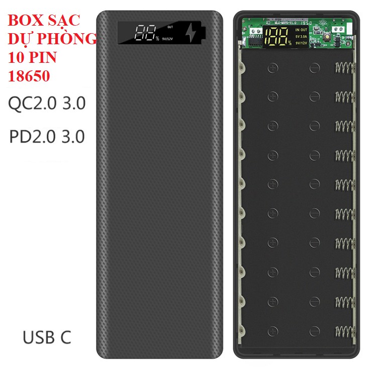 Box sạc dự phòng đựng 10 pin 18650 cổng sạc nhanh QC3.0 (không kèm pin)