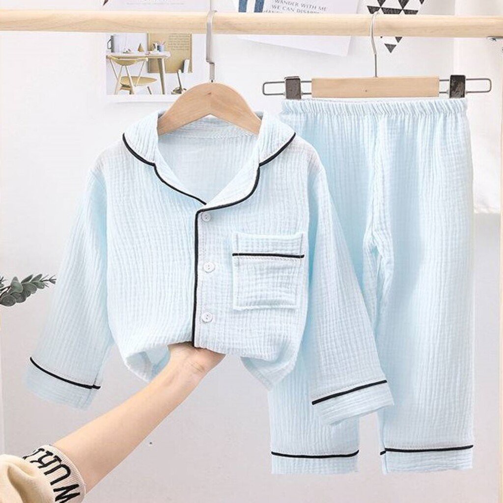 Bộ Ngủ Chất Đũi Cho Bé, Bộ Pijama Đũi Nhăn Dài Tay Cho Bé Trai Và Bé Gái Từ 6-27kg