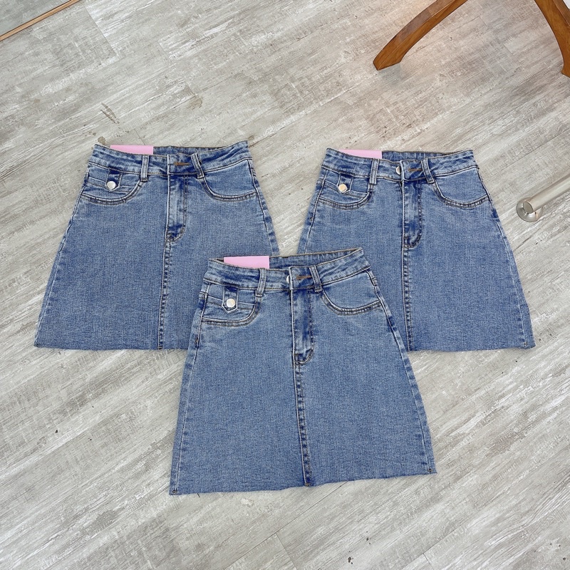 [Ảnh thật/Video]Chân Váy Jean cắt gấu Chữ A Ngắn Chân váy bò Cạp Cao Hàn Quốc