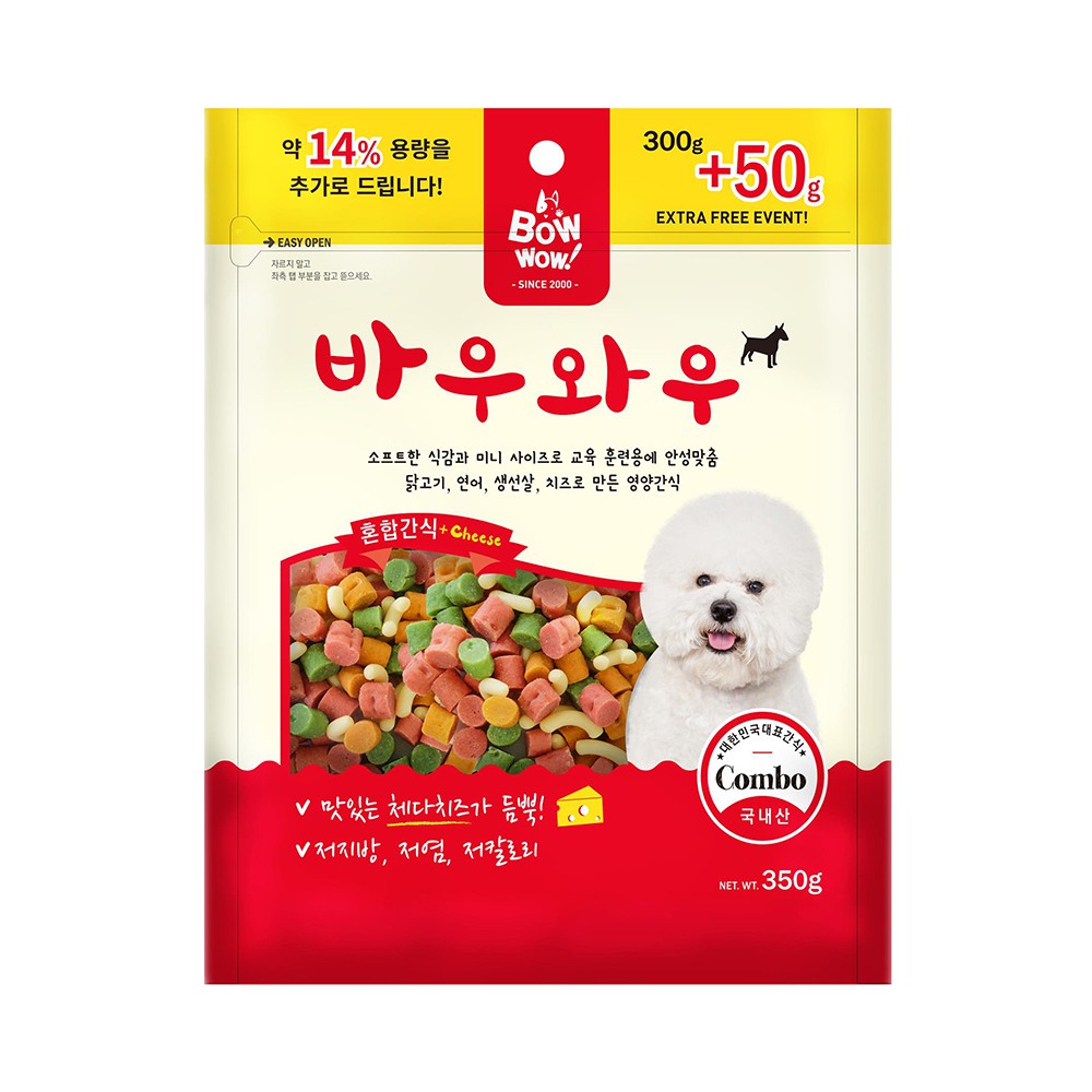 350g SNACK HỖN HỢP cho chó Bowwow với thành phần chính là thịt gà và cá hồi, là món ăn nhẹ bổ dưỡng, giàu protein.