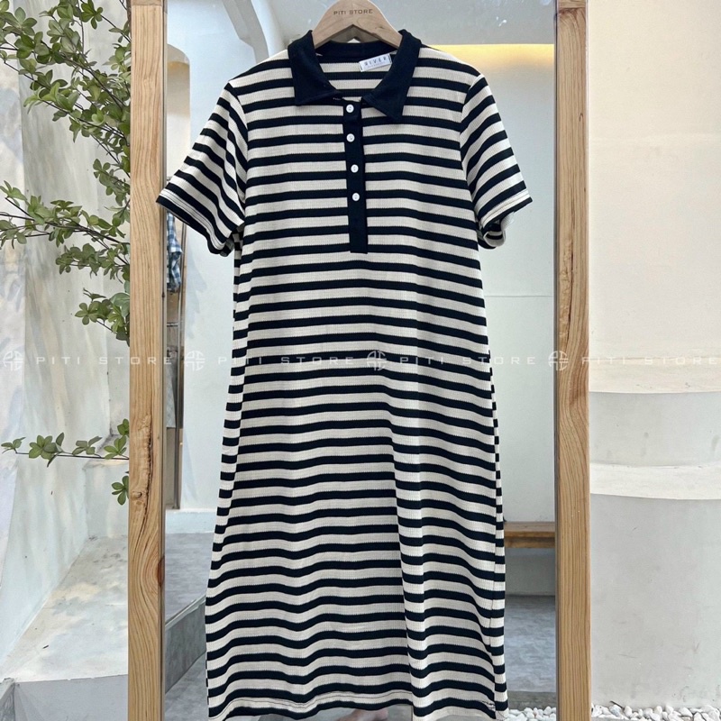 Đầm PoLo Dáng Suông Kẻ Ngang Chất Len Xốp Siêu Xinh