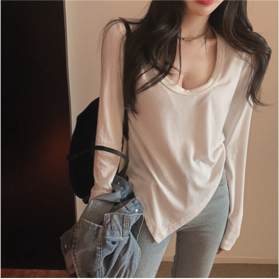 WANGJIAOZHAN Áo thun tay dài cổ tròn thiết kế độc đáo thời trang cá tính cho nữ
