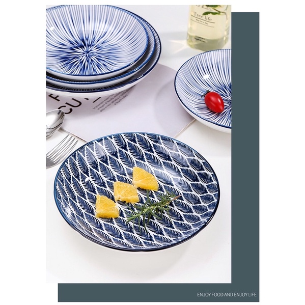 Đĩa sứ phong cách Nhật Bản,đĩa sứ tròn họa tiết  size 20.5cm dùng đựng thức ăn và decor bàn ăn