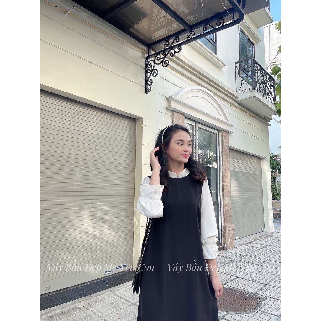 Váy Bầu- Đầm Bầu GUME Cổ Tàu Tay Trắng Dà i-  MYC 1061 ( kèm ảnh thật )