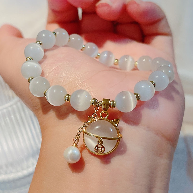[Hàng Mới] Vòng Tay Chuỗi Hạt Đá Mắt Mèo May Mắn Phong Cách Đơn Giản Dành Cho Nữ