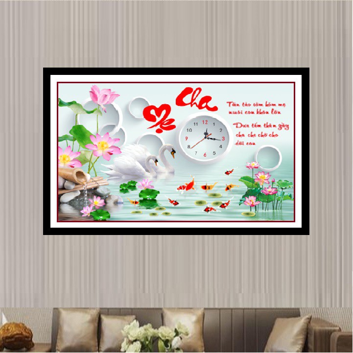Tranh thêu chữ thập Đồng Hồ Cha Mẹ Hoa Sen LV3365 - Kích thước 65x45cm