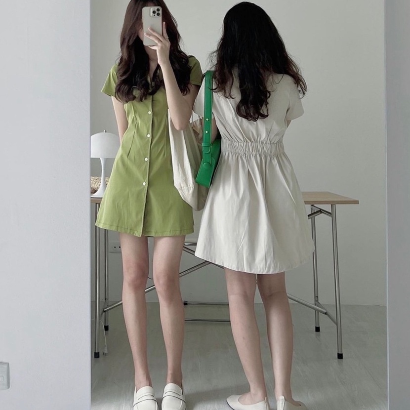 Váy sơ mi cổ vest dáng chữ A lưng chun / Đầm thô chữ A A9501N Nhung Nhớ