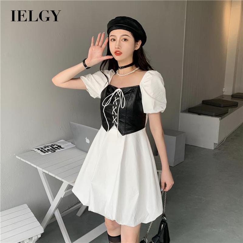 Đầm da PU IELGY cổ vuông phong cách cổ điển thời trang mùa hè dành cho nữ