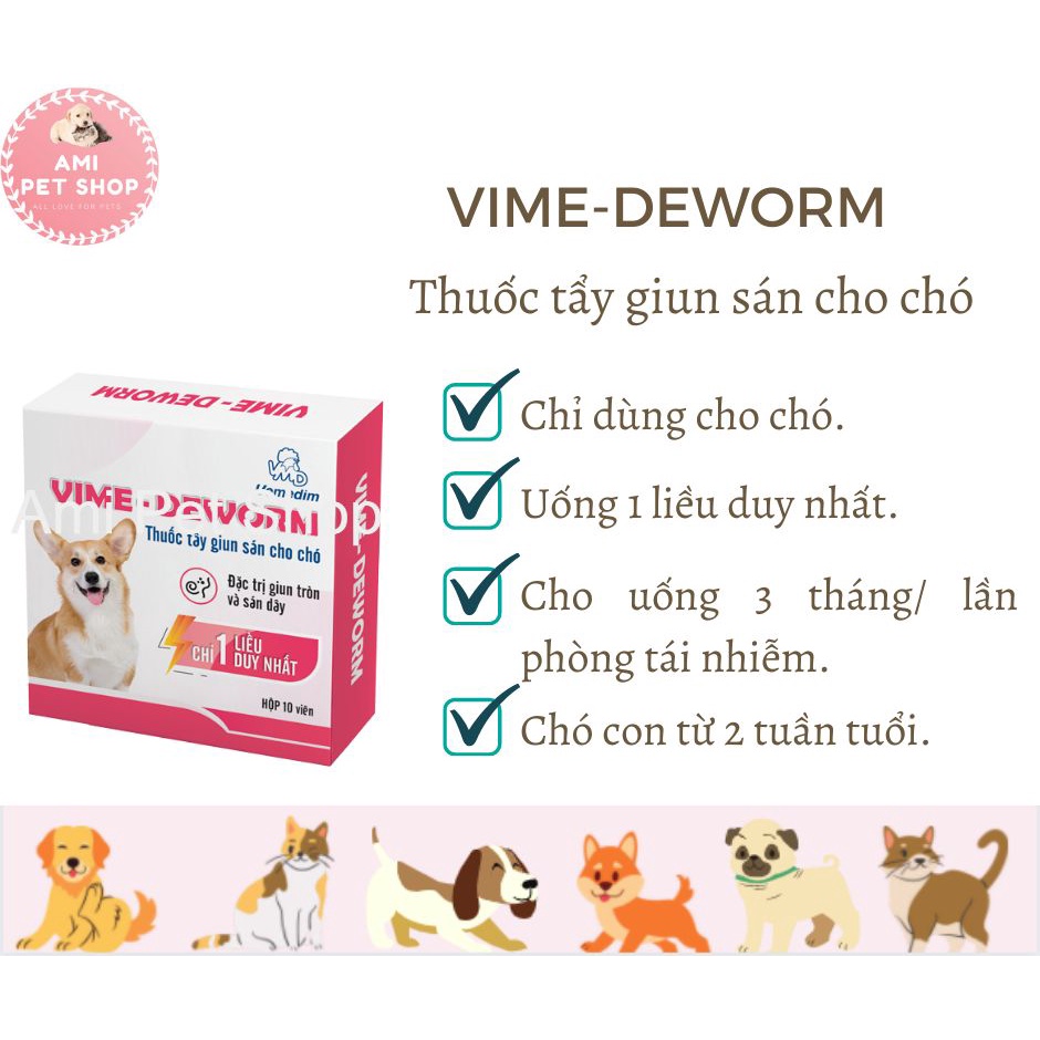 Viên uống Vime-deworm Vemedim phòng giun sán cho chó, hộp 10 viên