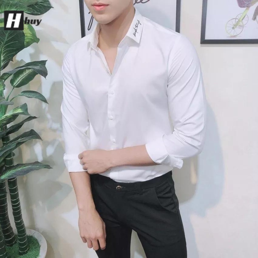 Áo sơ mi nam dài tay màu trắng trơn viền chữ ký cổ đầy nam tính