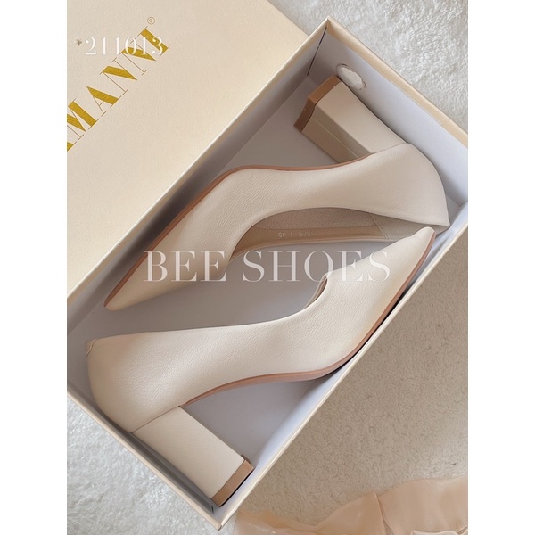 BEESHOES - GIÀY CAO GÓT DA MỀM MŨI NHỌN - GIÀY CAO GÓT ĐẾ TRỤ CAO 5CM CÓ SẮN MÀU ĐEN - BE - KEM 211013