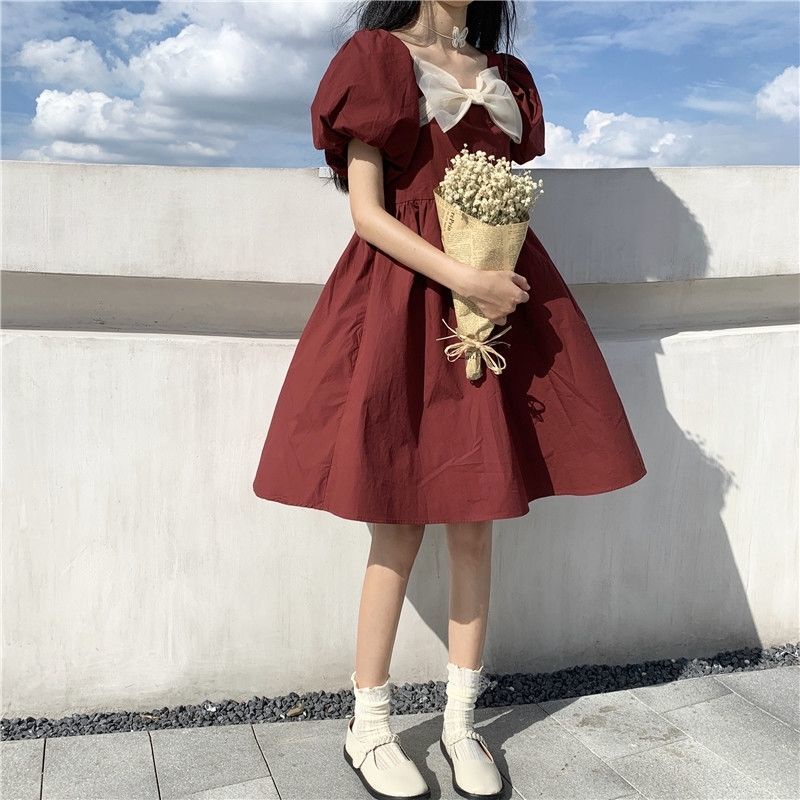 Đầm midi cổ vuông tay phồng màu đỏ kiểu Pháp cổ điển thời trang hè cổ điển cho nữ