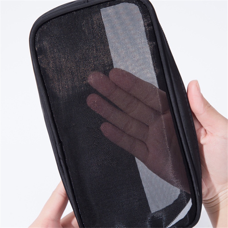 Túi Lưới Polyester Đựng Mỹ Phẩm / Đồ Trang Điểm Màu Đen Có Tay Cầm Trong Suốt Ốp