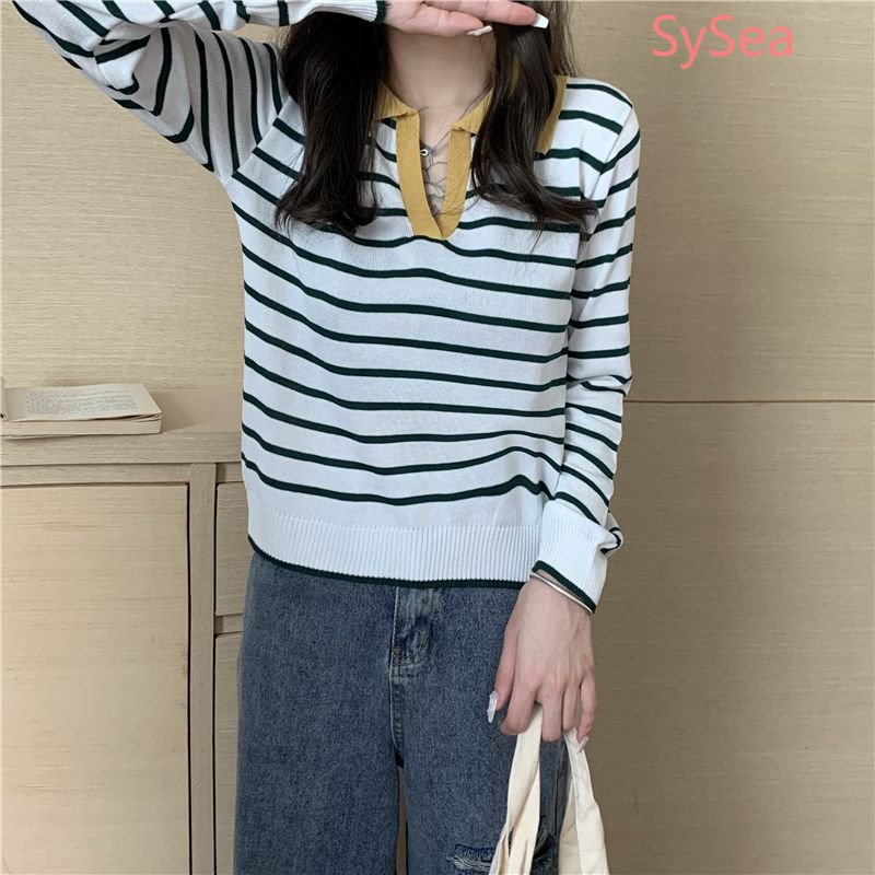 Áo Polo Dệt Kim Kẻ Sọc Kiểu Vintage Thời Trang Mùa Thu Cho Nữ