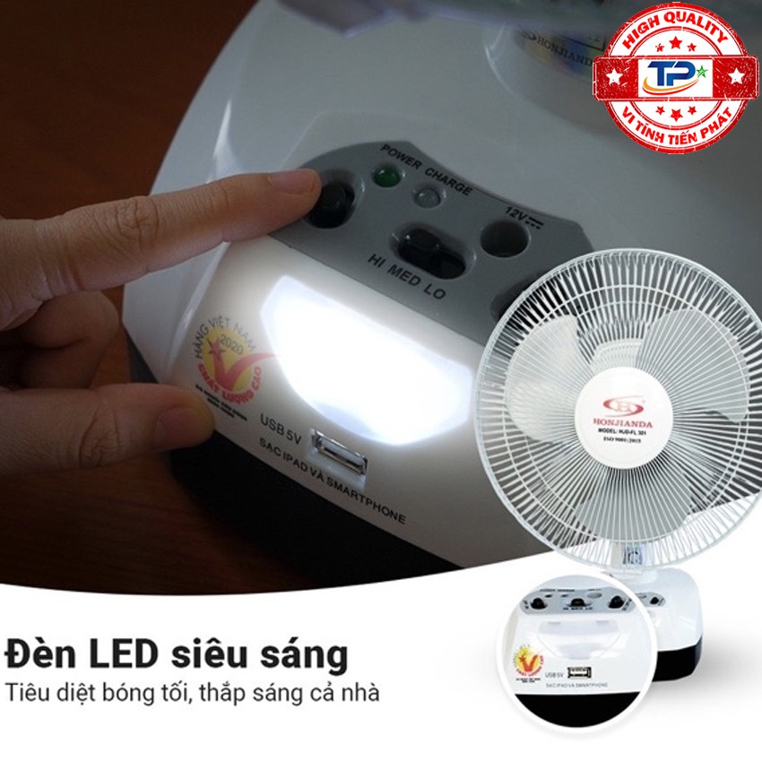 Quạt Sạc và Đèn Sạc Dự Phòng có cổng sạc USB 5V Honjianda HJD-FL301 Led nguồn AC/DC - Loại 1 bình sạc