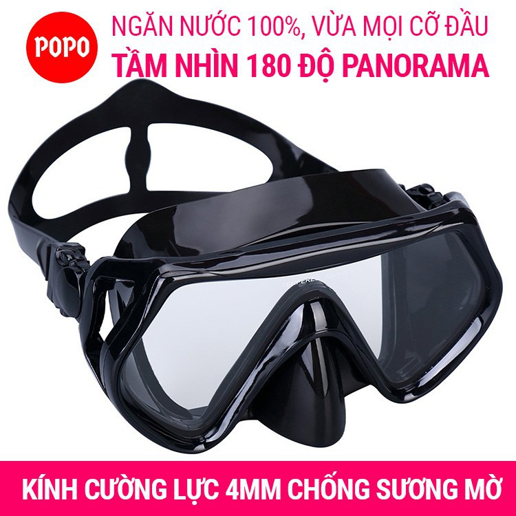 Mặt nạ lặn biển chính hãng POPO 1526 kính góc nhìn 180 độ PANORAMA mắt cường lực an toàn chống va đập