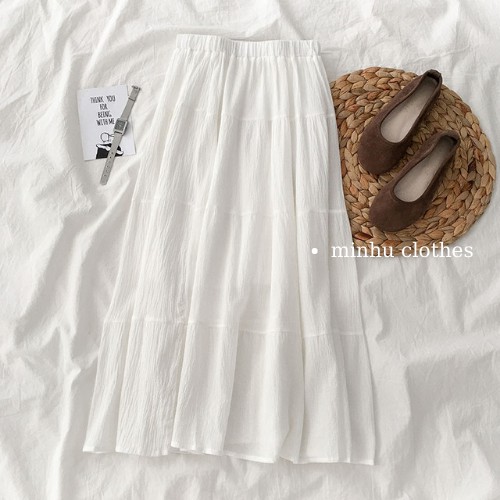 Chân váy dài hàn quốc chân váy xòe màu trắng vintage 2 lớp thanh lịch