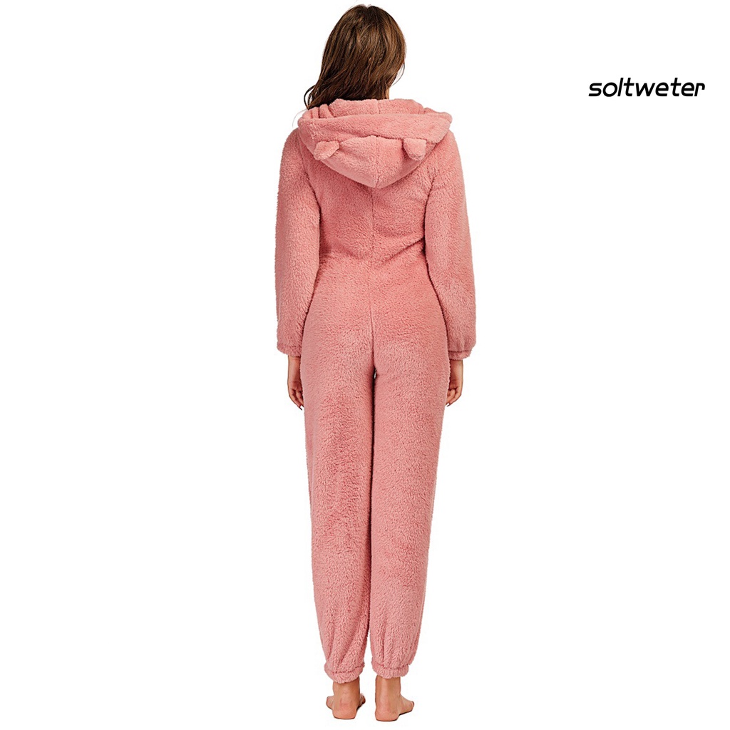 Bộ đồ ngủ liền thân tay dài có mũ trùm phối khóa kéo thời trang mùa đông cho nữ