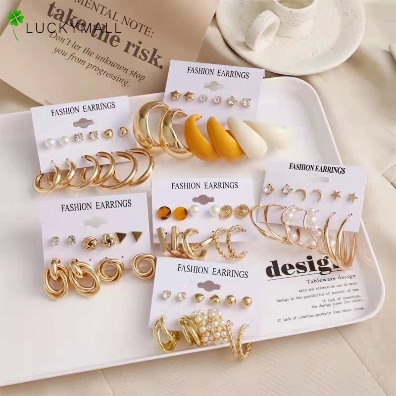 12 miếng bông tai ngọc trai đặt kim loại Ladies Disc Diamond Bông tai thời trang Trang sức Phụ kiện Quà tặng