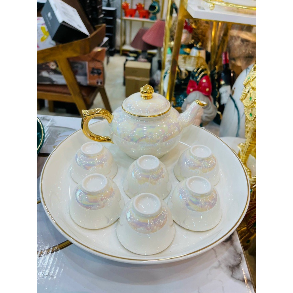 Bộ bình cốc sứ kèm khay viền vàng cao cấp (611)