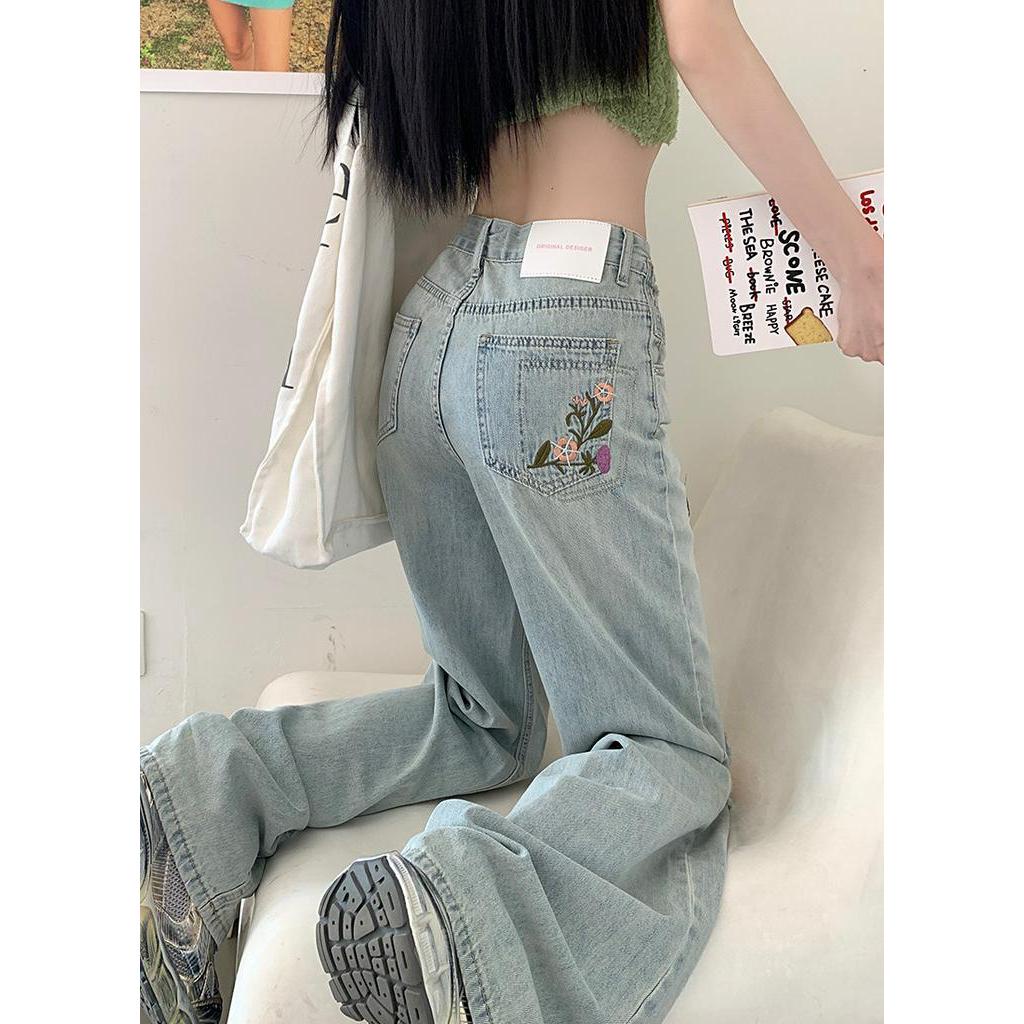 Quần Jean Ống Rộng Rách Gối Thêu Hoa Phong Cách Mới Mùa Hè 64011