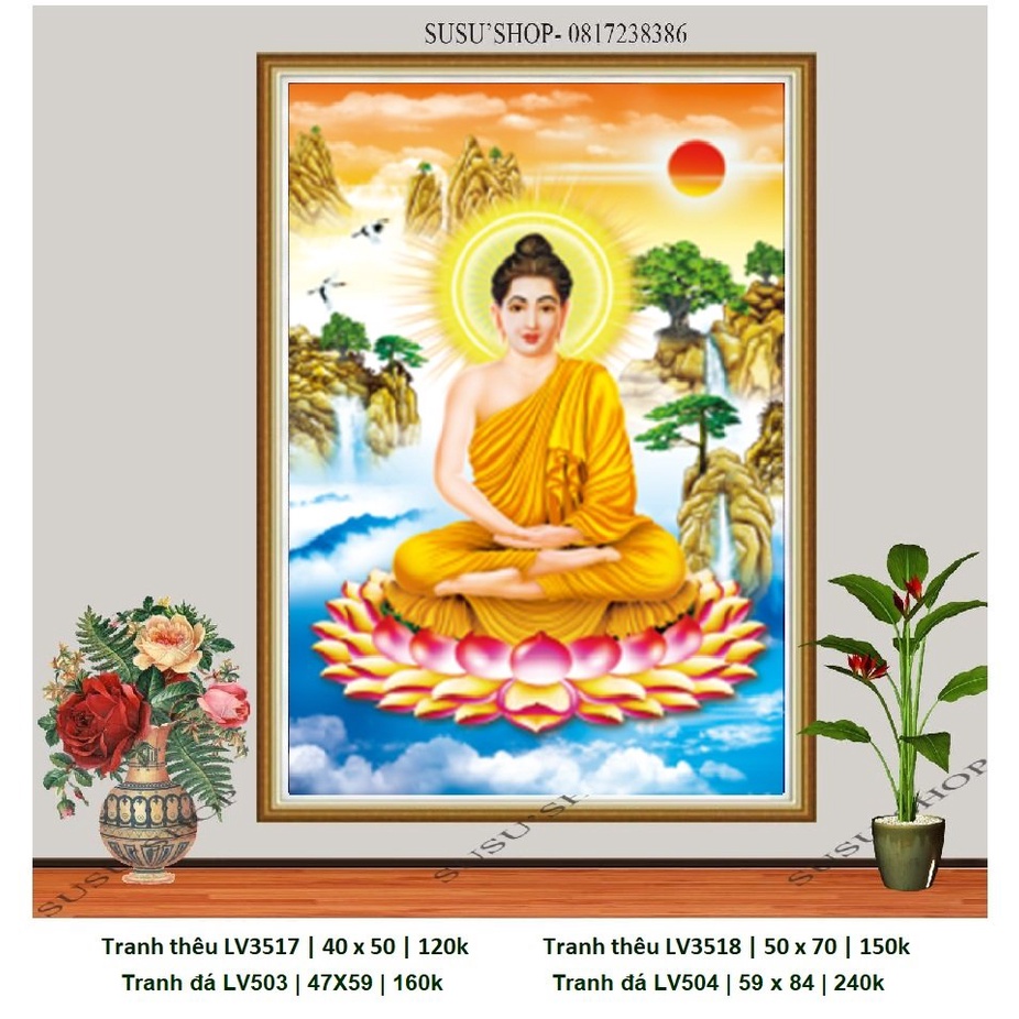 Tranh đính đá cao cấp ABC  Phật bà quan âm DF574 50×65cm, LV503 47x59, LV504 ; tranh thêu LV3517, LV3518