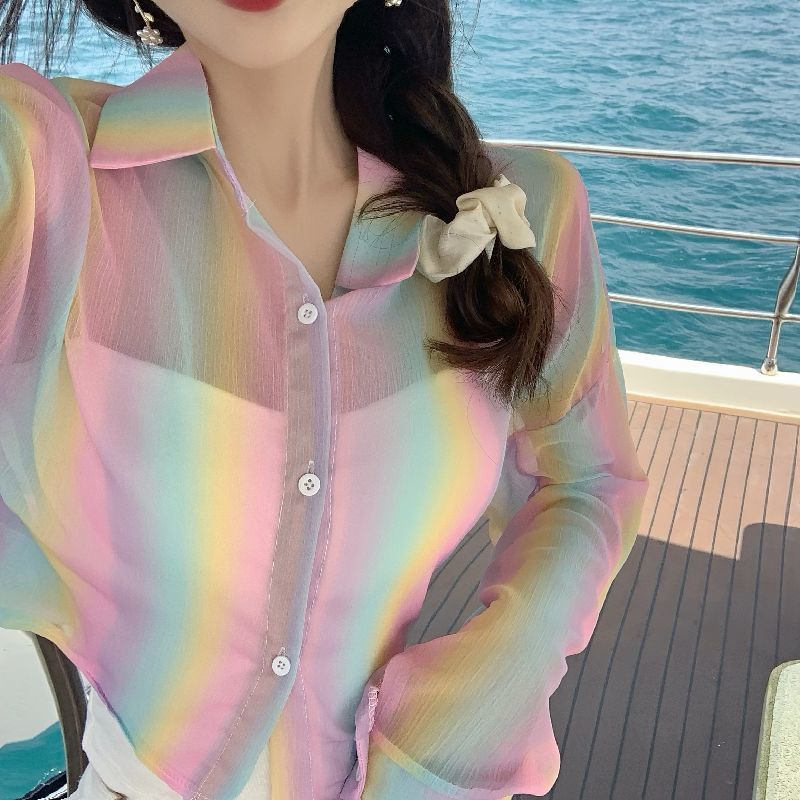 Áo Sơ Mi Ngắn Kẻ Sọc Màu Sắc Thời Trang Mùa Hè Hàn Quốc Cho Nữ