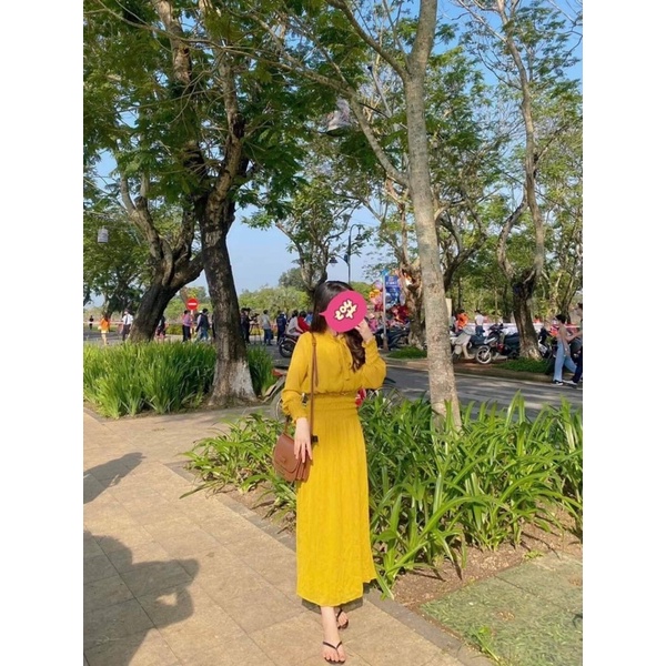 Váy dài tay zara thun eo chuẩn authentic màu vàng mustard