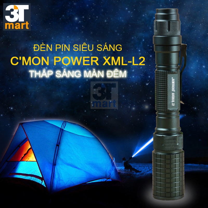 Bộ 1 đèn pin siêu sáng C'mon Power DELTA XML-L2 + 4 pin 18650 + 1 bộ sạc đôi (xanh lá)