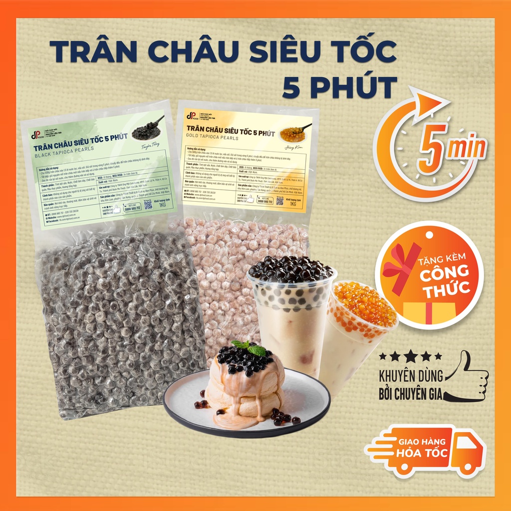 Trân châu siêu tốc 5 phút DPFOOD - Nấu nhanh 5 phút, hạt to, dẻo, dai - Tặng free công thức trà sữa trân châu đường đen