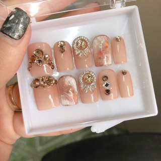 Móng giả dán thạch cam hồng đính nơ cao cấp