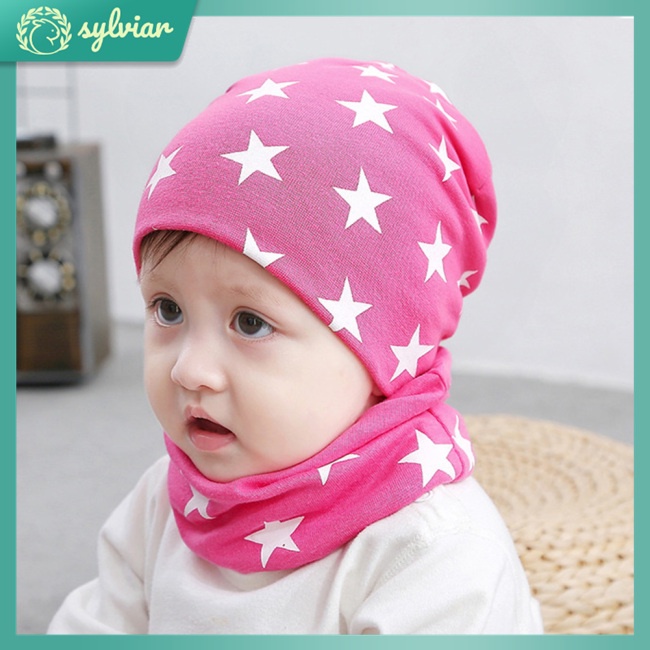 Set 2 Món Mũ Cotton Dệt Kim + Khăn Choàng Cổ Dễ Thương Xinh Xắn Cho Bé
