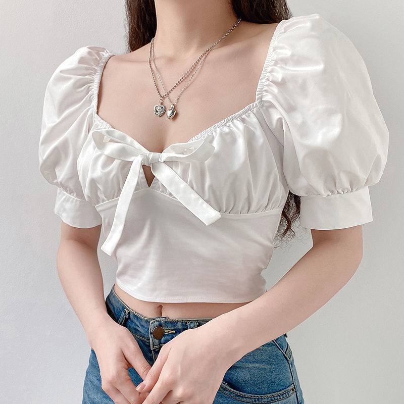 New Summer 2021 Retro Palace Style Back Lace Puff Sleeve Square Collar White Short Tops