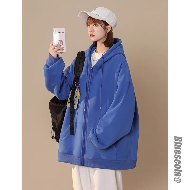 Áo khoác hoodie dây kéo tay phồng chất nỉ ngoại cotton vừa vặn, nón to