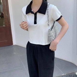 Áo croptop đen/trắng cổ bẻ phối cổ ENTYTY - CN12
