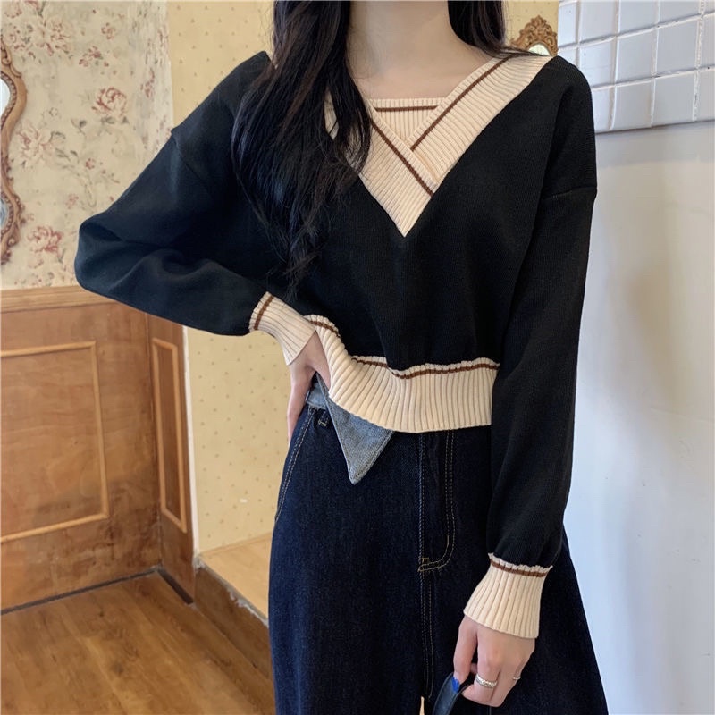 Áo len cổ V dáng croptop tay dài freesize viền cổ và gấu áo siêu xinh mẫu mới nhất 2022