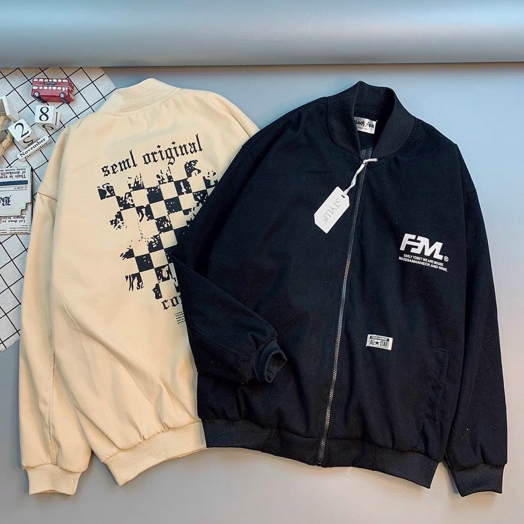 Áo khoác da lộn FM form rộng, áo khoác bomber unisex đơn giản, áo khoác nhẹ dây khóa kéo mặc đi chơi, áo khoác da lộn