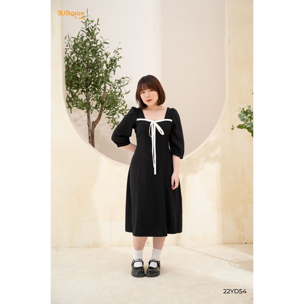 Đầm dài cổ vuông tay lỡ dây nơ viền trắng BIGSIZE (55kg đến 95kg) - 22YD54 - [BU Bigsize Young]